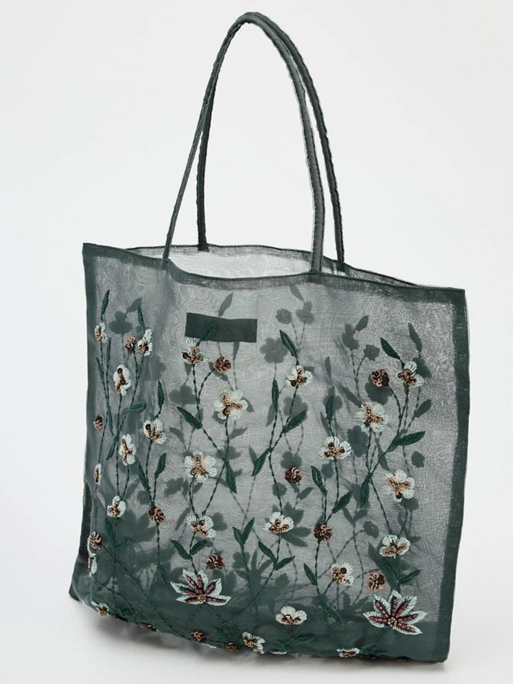 Zara Tulle Floral Embroidery Tote Bag Floral Embroidered Tote Green & Black NWT